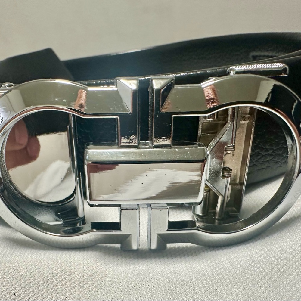 Men's Ferragamo Style Leather Belt with Silver Buckle
